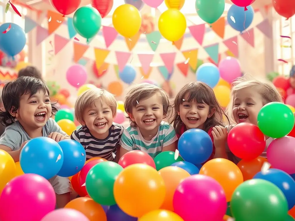 Children eagerly popping colorful balloons at a lively birthday party.