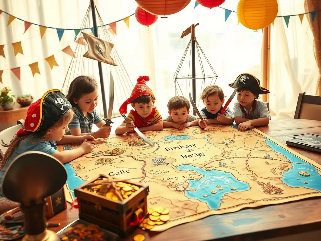 Children searching for hidden treasures using a pirate map at a birthday party.