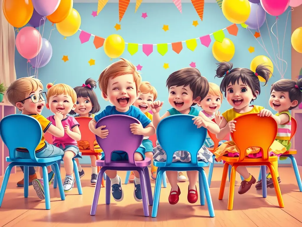 Children playing musical chairs, surrounded by colorful balloons and cheerful decorations.